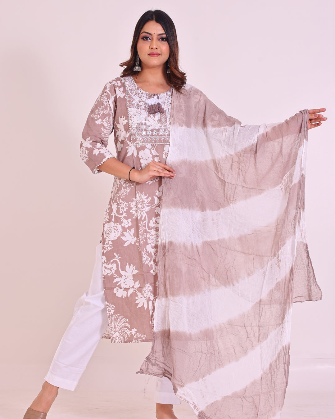 Elegant cotton mulmul suit in brown and off white