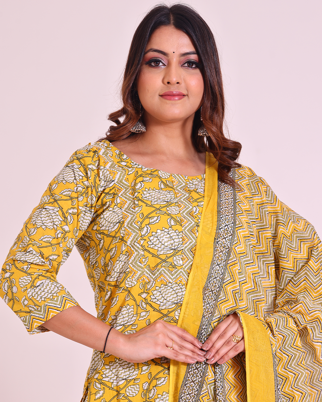 Pure Cotton Round Neck Yellow Digital Print Dupatta Set