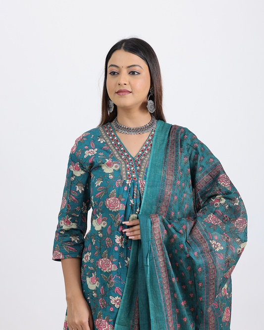 Pure Cotton Firoza Color Digital Print Dupatta Set with Laced Neck