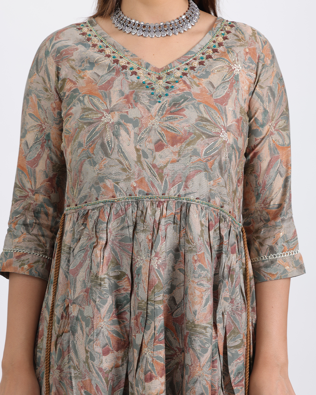 Pure Muslin Silk Brown Frock Suit with Digital Print Dupatta and Sequence Work