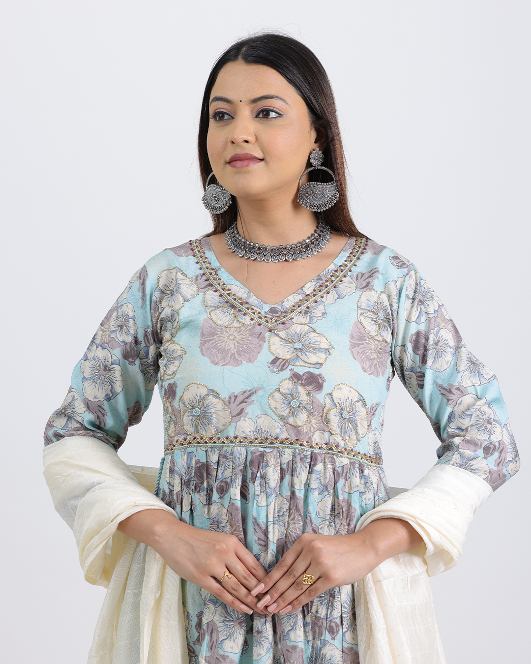 Pure Muslin Silk Off White and Sky Blue Frock Suit with Digital Print Dupatta and Sequence Work