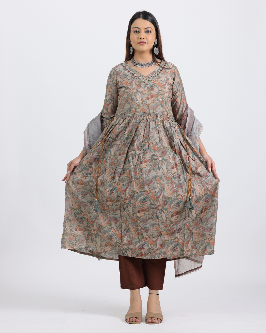 Pure Muslin Silk Brown Frock Suit with Digital Print Dupatta and Sequence Work