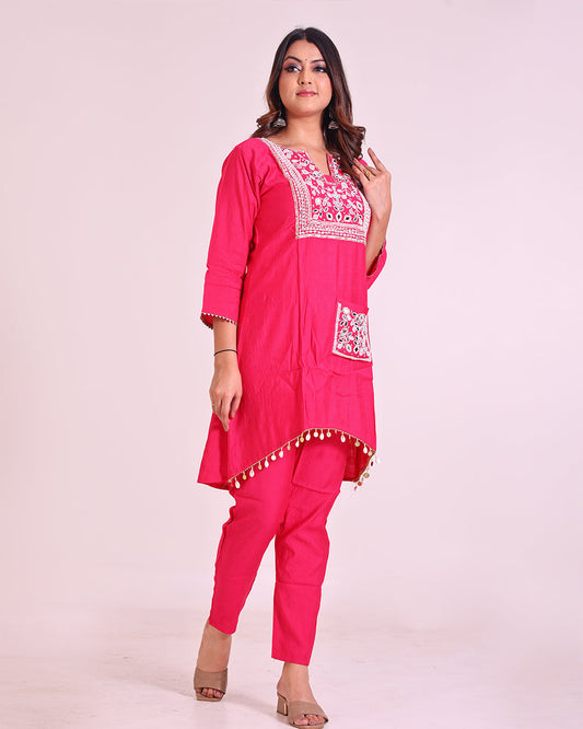 Pure Vatican Silk Tunic Coord Set with Pearl and Mirror Work in Pink