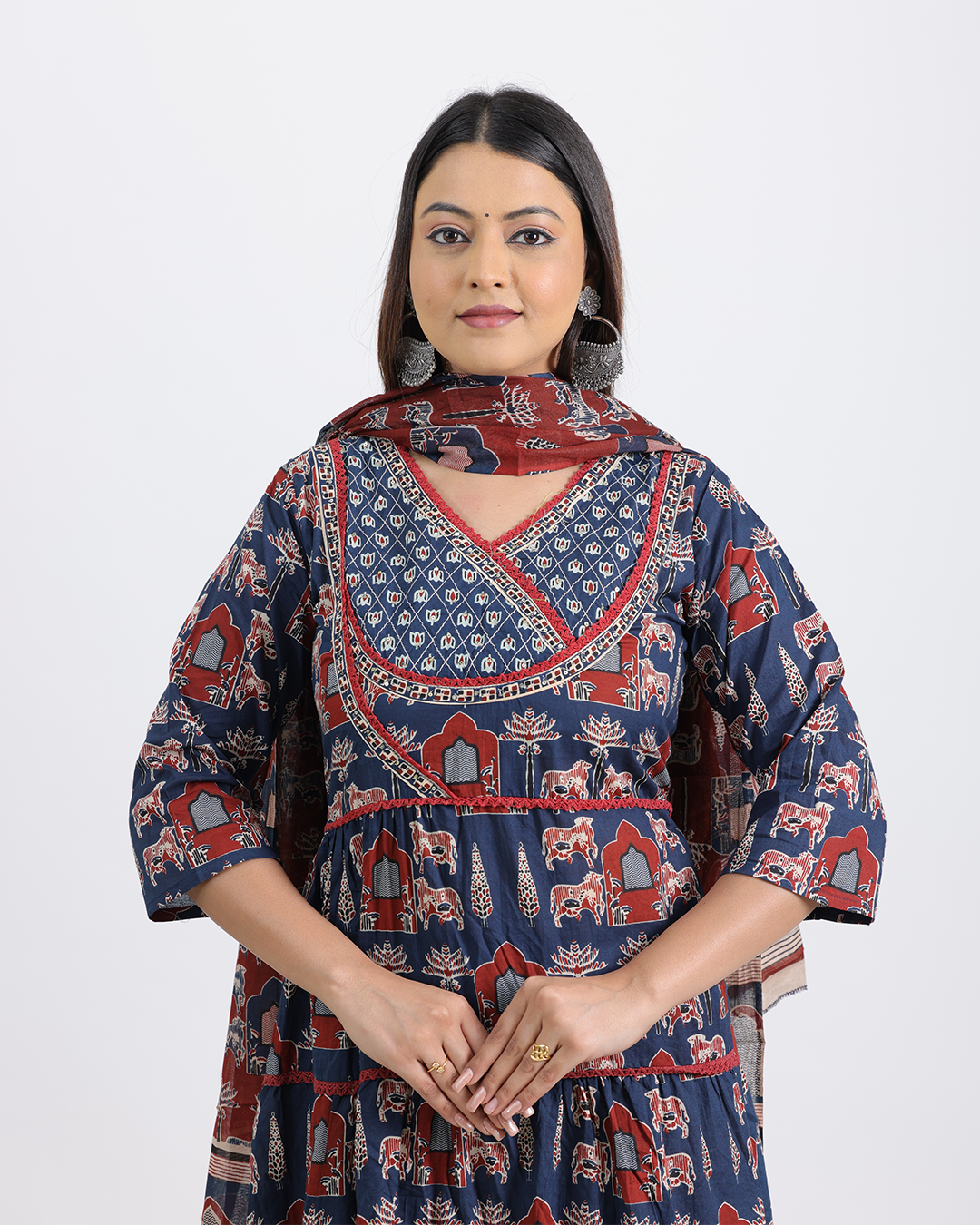 Pure Cotton Blue and Maroon Ajrakh Print Frock Suit with Dupatta