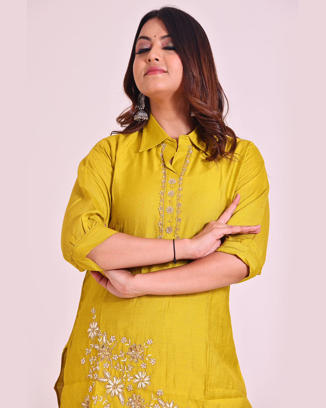 Pure Vatican Silk Yellow Coord Set with Zardozi Work