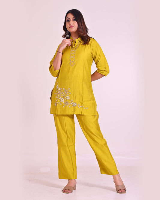 Pure Vatican Silk Yellow Coord Set with Zardozi Work