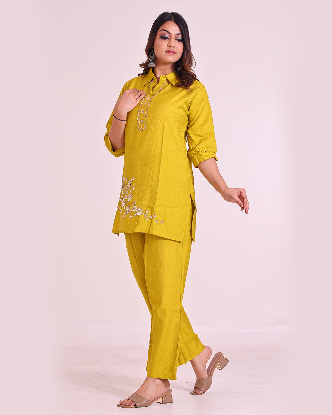 Pure Vatican Silk Yellow Coord Set with Zardozi Work