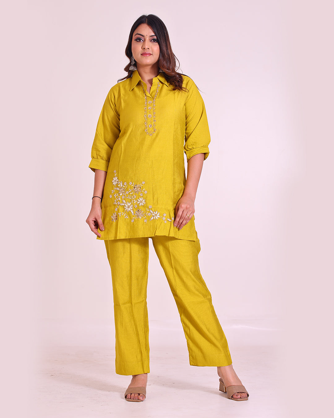 Pure Vatican Silk Yellow Coord Set with Zardozi Work
