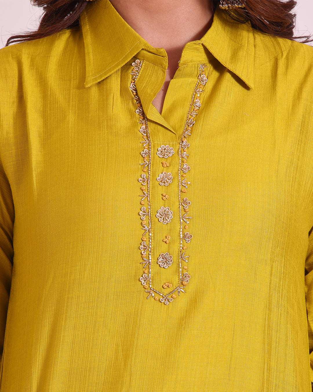 Pure Vatican Silk Yellow Coord Set with Zardozi Work
