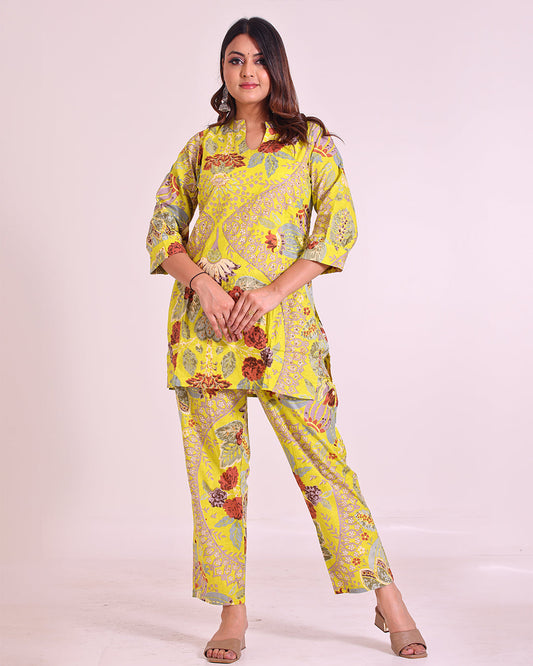 Pure Cotton Yellow Coord Set with Sequence Work