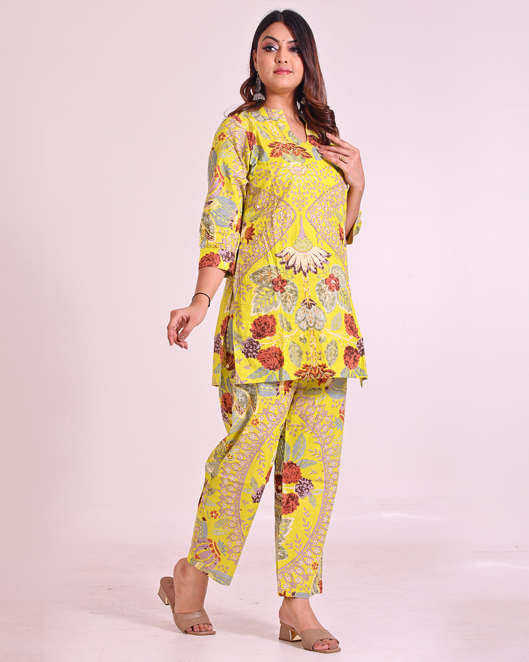 Pure Cotton Yellow Coord Set with Sequence Work