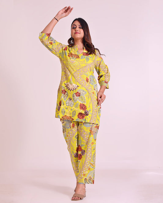 Pure Cotton Yellow Coord Set with Sequence Work