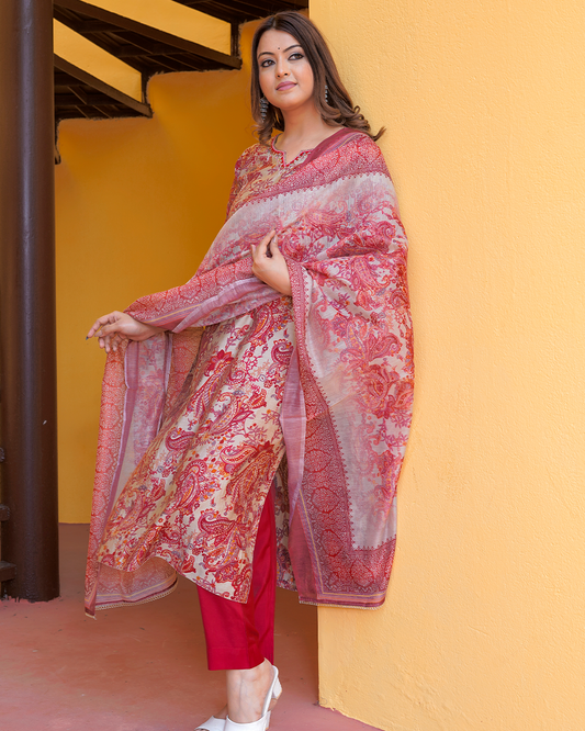 Pure Silk Onion and Maroon Kalamkari Print Suit with Digital Print Dupatta