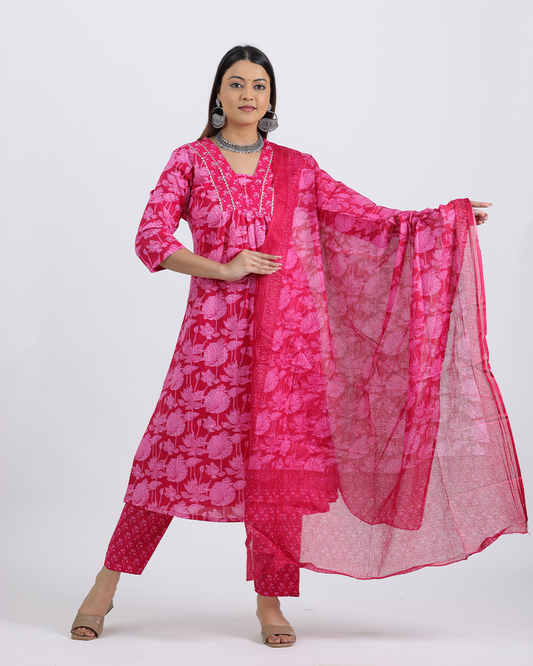 Pure Cotton Pink Suit with Digital Print Dupatta and V-Laced Neckline