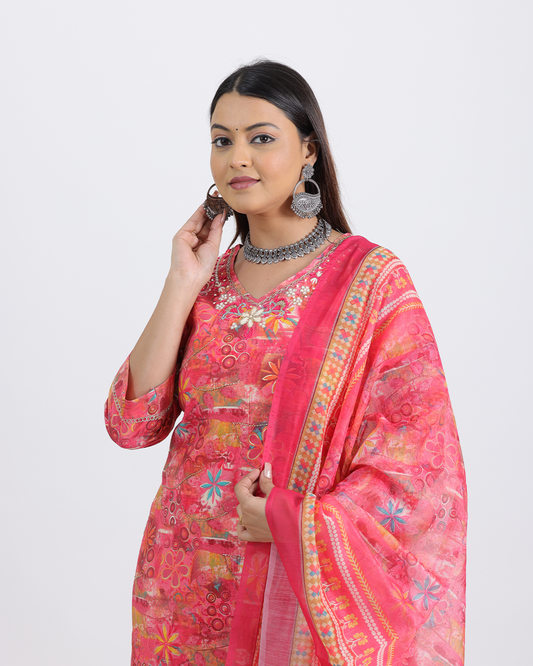 Pure Muslin Silk Yellow and Orange Suit with Digital Print Dupatta and Hand Work on Neck