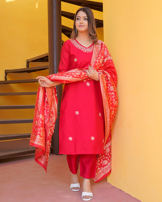 Pure silk Red suit with paithani work andheavy banarsi dupatta