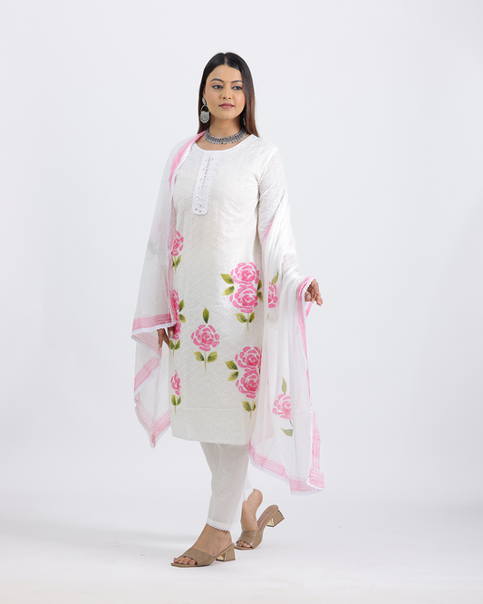 Pure Cotton White Chikankari Dupatta Set with Watercolor Print
