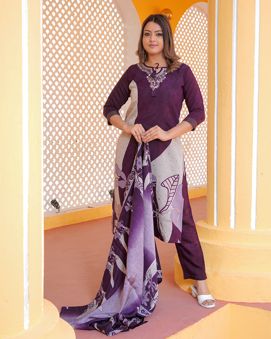 Pure silk wine colour kurta pant set with digital print silk dupatta