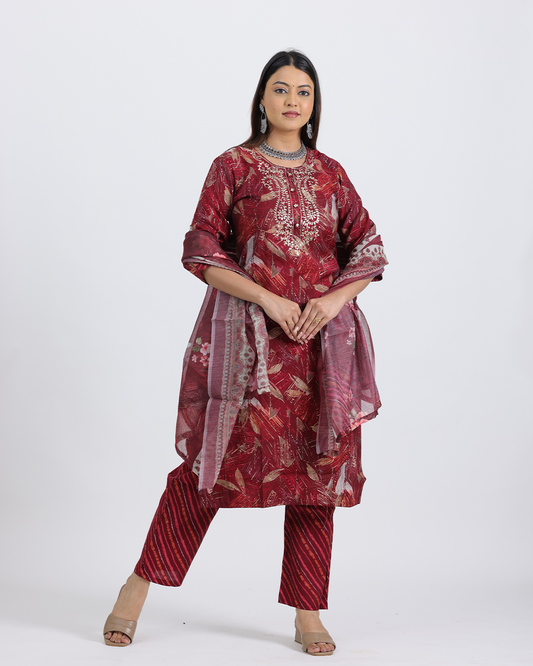Pure Muslin Silk Maroon Suit with Digital Print Dupatta and Hand Embroidered Neckline