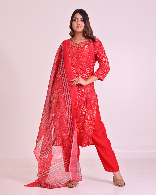 Pure Muslin Red Digital Print Dupatta Set with Zardozi Work