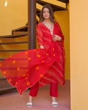 Pure Chiffon Red Bandhej Suit with Bandhani Dupatta and Pant Set in Pure Gotta Patti Work