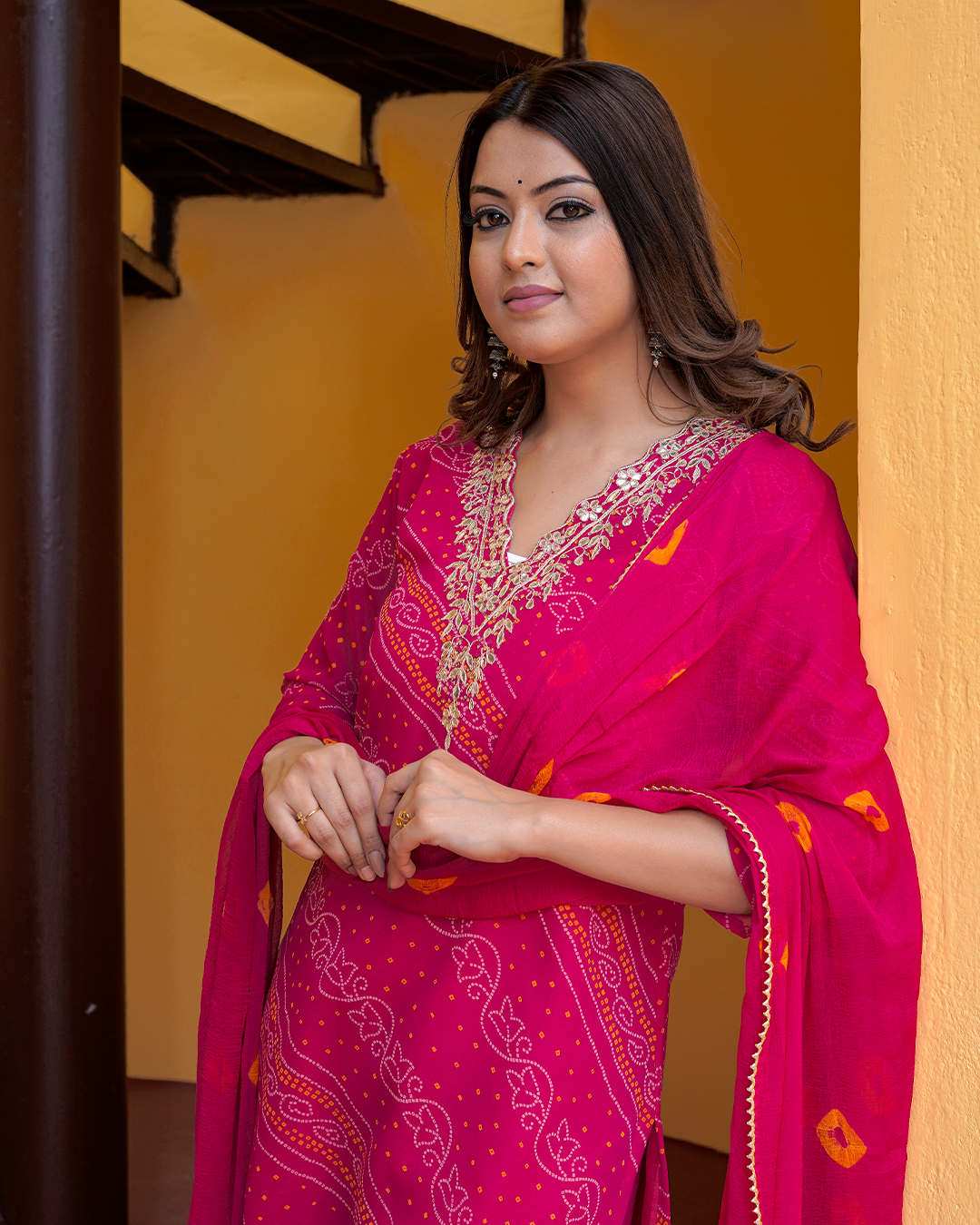 Pure Chiffon Pink Bandhej Suit with Bandhani Dupatta and Pant Set in Pure Gotta Patti Work