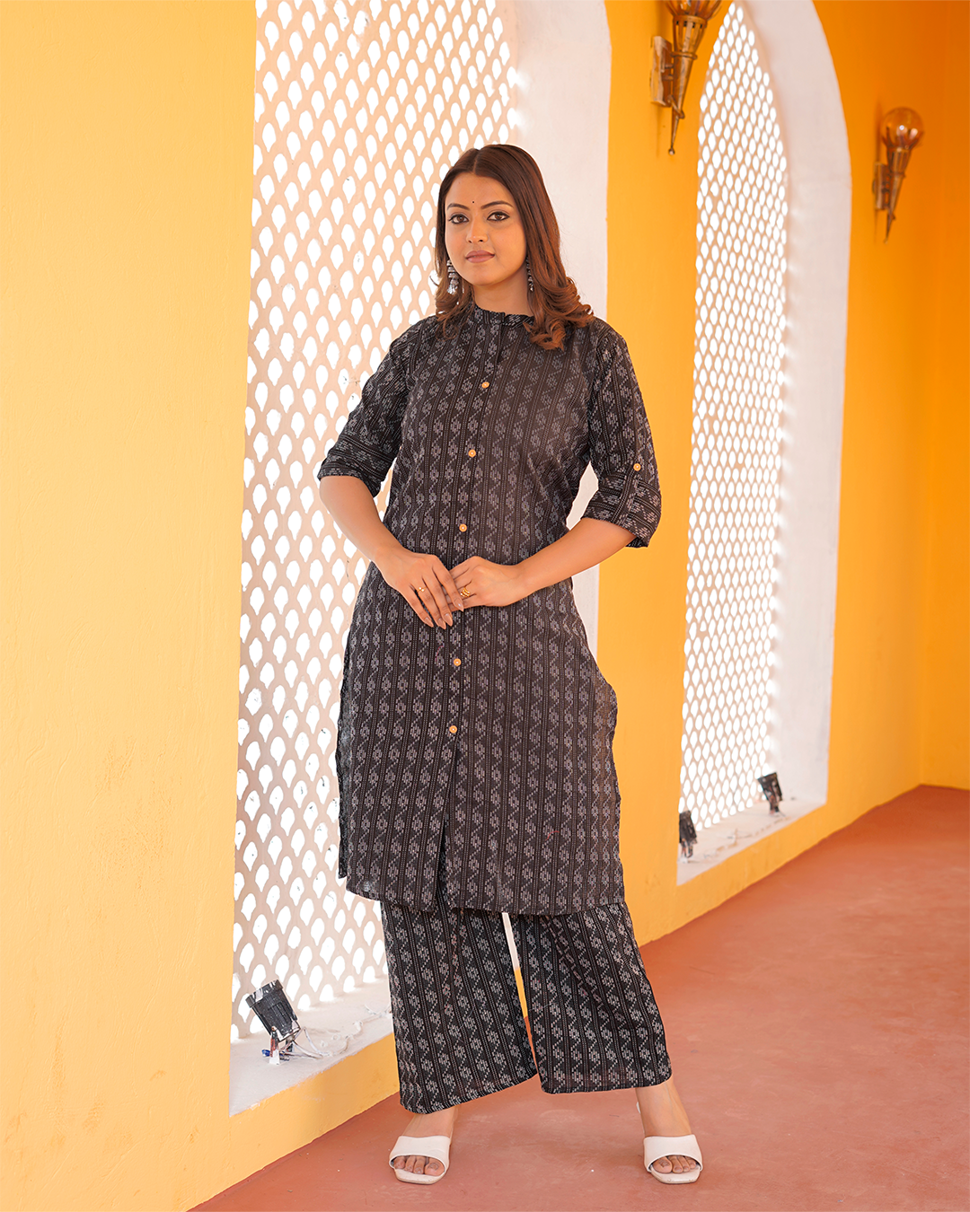 Pure Cotton Katha Print Black Kurta Pant Set