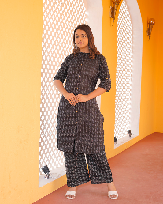 Pure Cotton Katha Print Black Kurta Pant Set