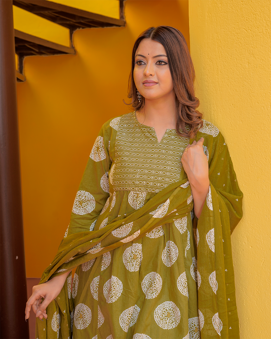 Pure cotton green batik print kurta pant set with cotton digital print dupatta set