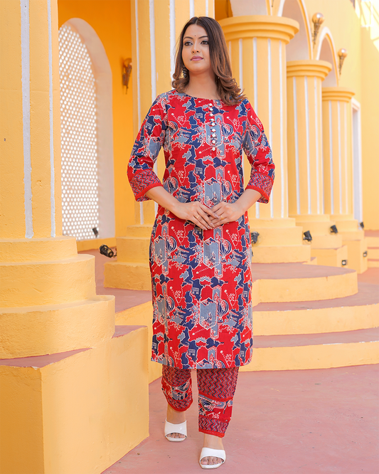 Pure Cotton Red Ajrakh Print Kurta Pant Set