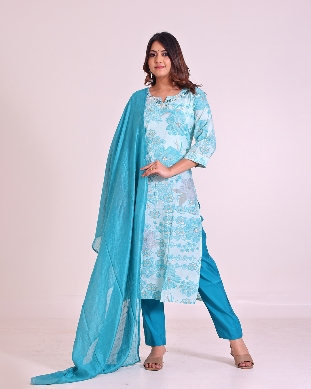 Pure Muslin Silk Sky Blue Dupatta Set with Hand Embroidery
