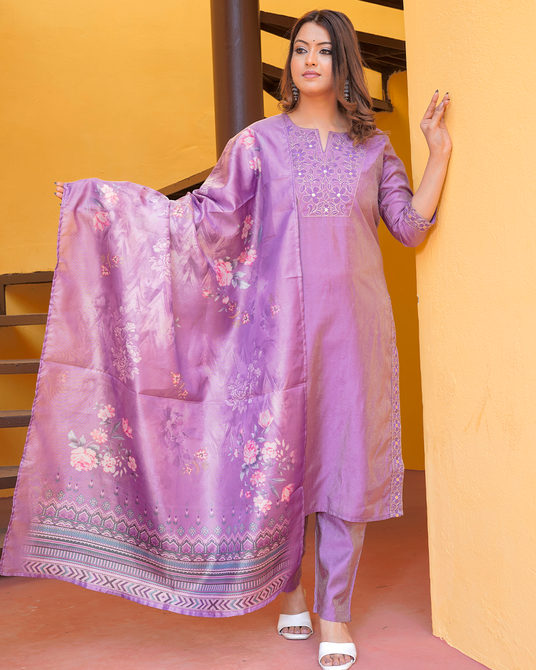 Pure Silk Purple Suit with Digital Print Dupatta and Thread Work Lace