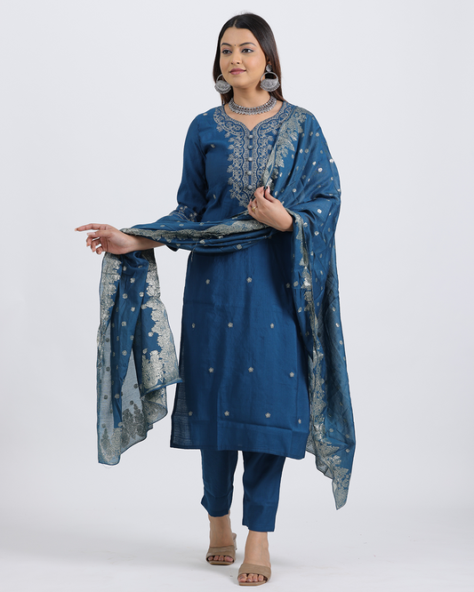 Pure Silk Royal Blue Suit with Chanderi Dupatta and Heavy Thread Work