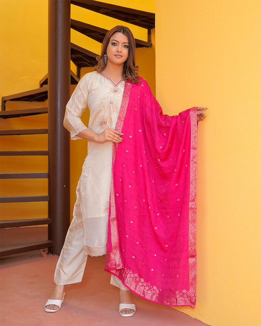 Pure Silk Off-White Suit with Pink Banarasi Dupatta and Zari Work