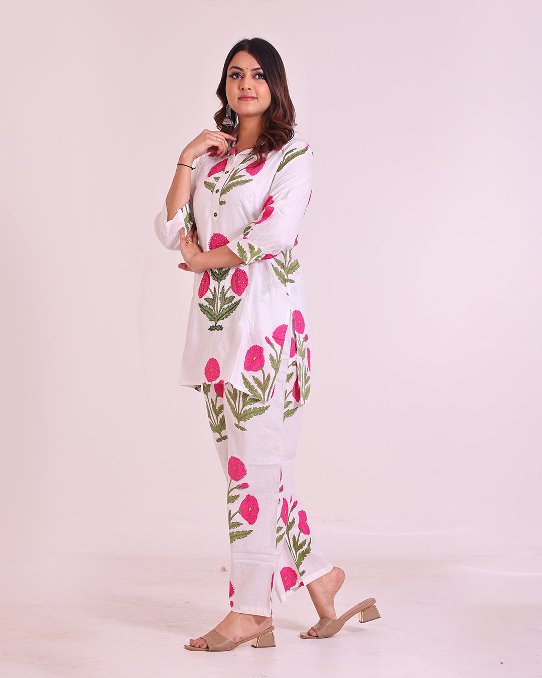 Pure Cotton White Coord Set with Pink Flower and Pearl Work