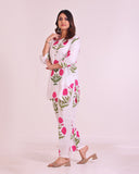 Pure Cotton White Coord Set with Pink Flower and Pearl Work