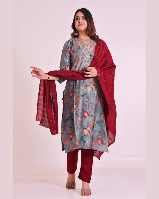 Grey and Maroon Pure Muslin Suit with Silk Dupatta and Pathni Work