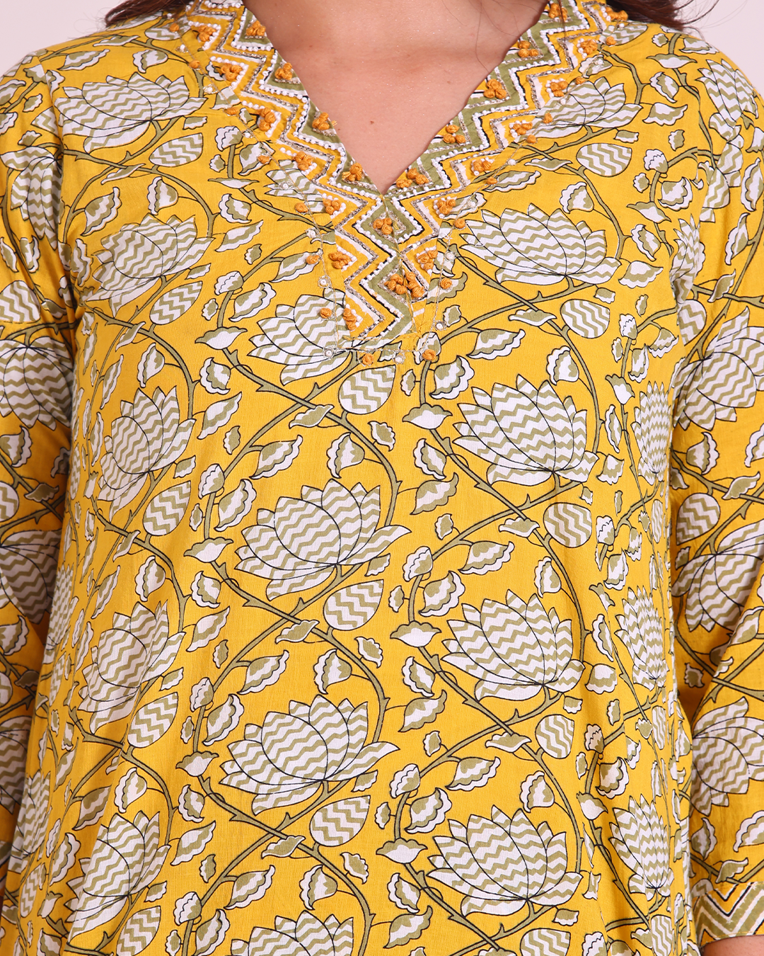 Pure Cotton Yellow V-Neck Digital Print Dupatta Set