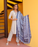 Pure Khadi White Kurta & Pant with Blue Tissue Silk Dupatta