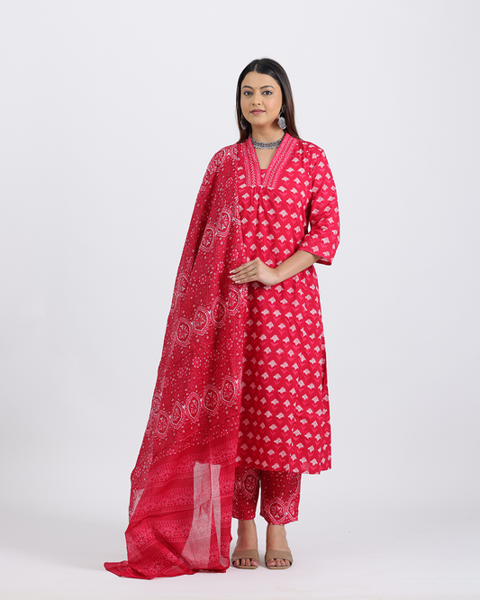 Pure Cotton Pink Digital Dupatta Set with V-Laced Neck