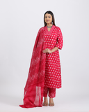 Pure Cotton Pink Digital Dupatta Set with V-Laced Neck
