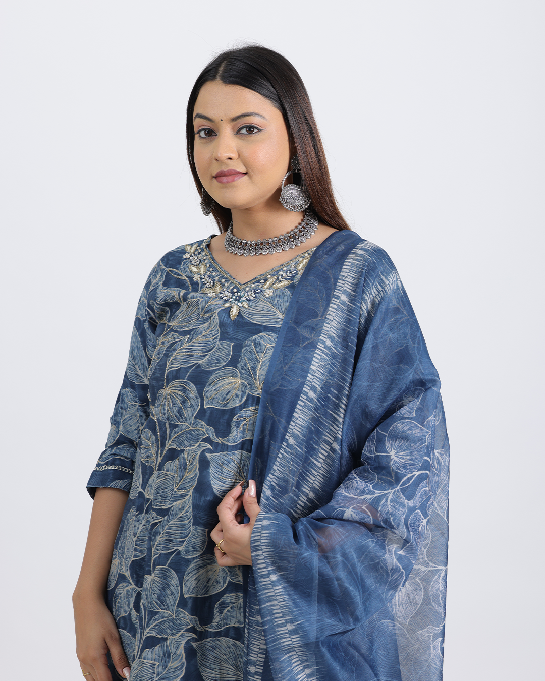 Pure Muslin Silk Royal Blue Suit with Digital Print Dupatta and Sequence Work