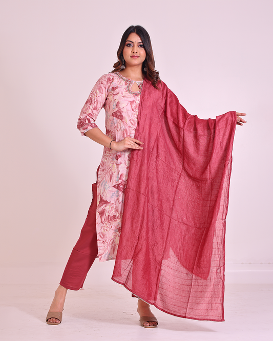 Peach and Maroon Pure Muslin Silk Suit with Silk Dupatta and Stylish Handworked Neck