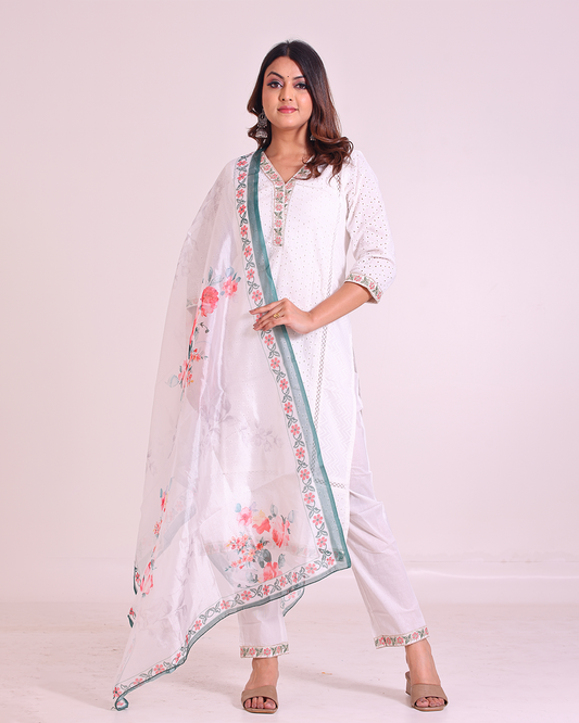 Pure Cotton White Chikankari Suit with Lace Work on Neck and Organza Dupatta