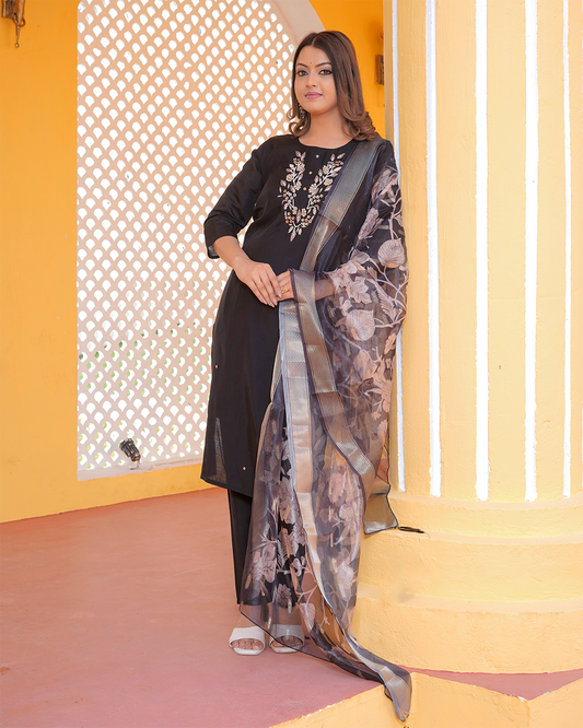 Pure Silk Black Suit with Digital Print Organza Dupatta and Zardozi Work