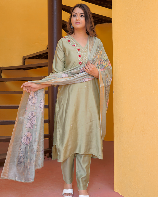 Pure Silk Mint Green Dupatta Set with Digital Print Dupatta