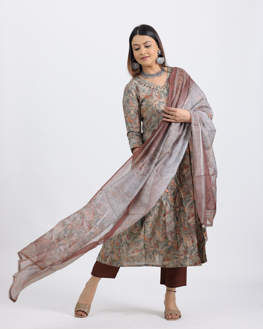 Pure Muslin Silk Brown Frock Suit with Digital Print Dupatta and Sequence Work