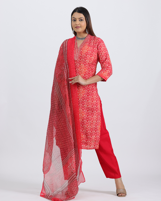 Pure Muslin Silk Suit with Paithani Work and Digital Print Dupatta in Red