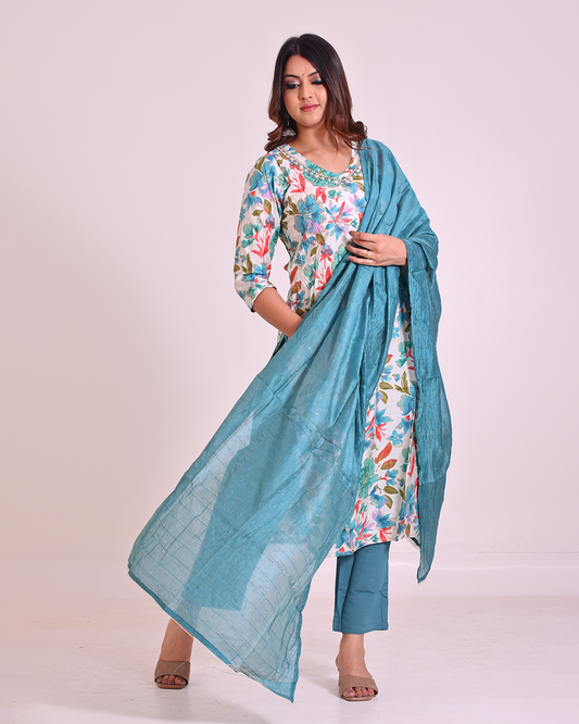 Pure Muslin White-Based Colorful Mulmul Dupatta Set with Sequence Work