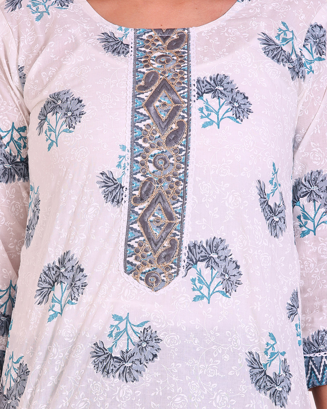 Elegant Blue and White Cotton Suit with Intricate Detailing